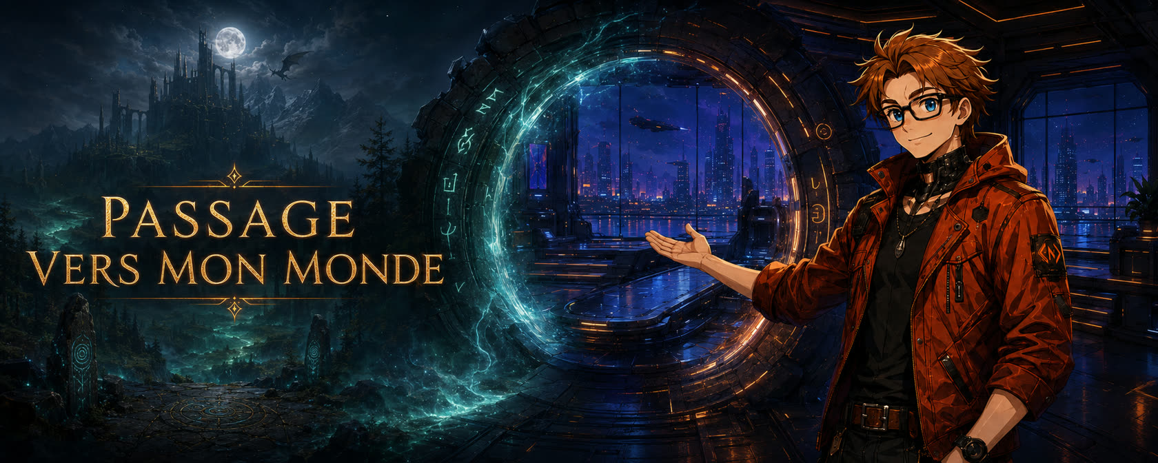 Passage vers mon monde — un portail runique relie les Royaumes d’Astravia à une cité de science-fiction ; un créateur en veste rouge invite à le franchir.